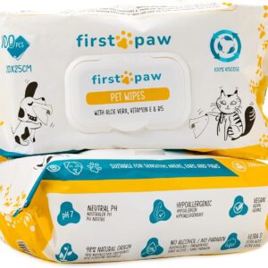 FIRSTPAW Pet, Puppy, Cat and Dog Wipes, Hypoallergenic Pet Wipes, 100 pcs Easy Cleaning Dog Wipes for Bum, Body, Paws, Eyes and Ears, 100% Viscose Biodegradable Dog Grooming Wipes with Aloe Vera