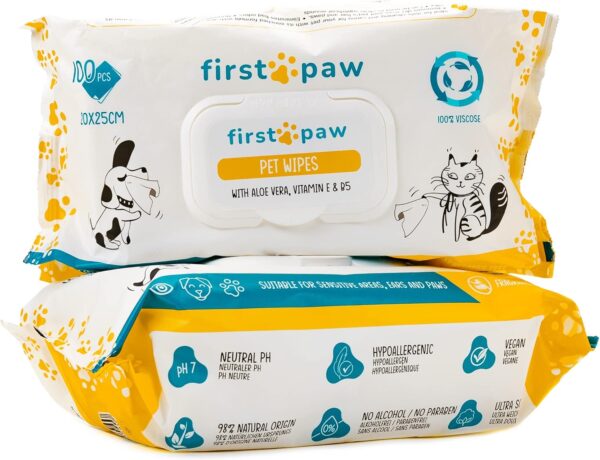 FIRSTPAW Pet, Puppy, Cat and Dog Wipes, Hypoallergenic Pet Wipes, 100 pcs Easy Cleaning Dog Wipes for Bum, Body, Paws, Eyes and Ears, 100% Viscose Biodegradable Dog Grooming Wipes with Aloe Vera