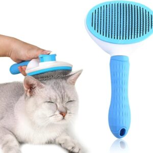 Dog Brush Cat Brush Grooming Comb,Self Cleaning Cat Dog Slicker Brushes with Smooth handle,Pet Grooming Tool with Cleaning Button for Cat Dog Shedding Tools Cat Dog Massage (BLUE)