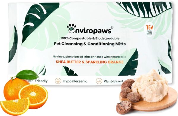 Enviropaws Dog & Cat Wipes (Mitts) | Extra Thick, Large, Biodegradable, Compostable, Bamboo Wipes | Shea Butter & Sparkling Orange Scent | 15 Pack