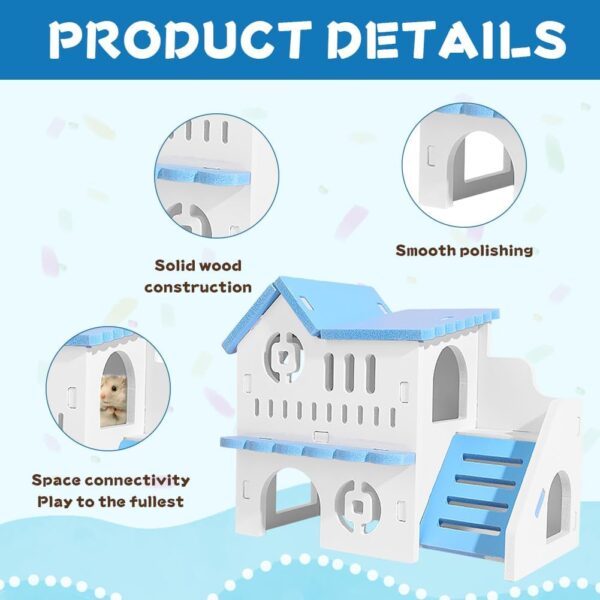 PLUSHCEWT Wooden Hamster House,Hamster Hideout Cage,Washable Hamster Hideaway for Hamster with Climbing Ladder,Small Pet House Habitats Decor for Young Guinea Pigs and Other Small Pets Blue - Image 3