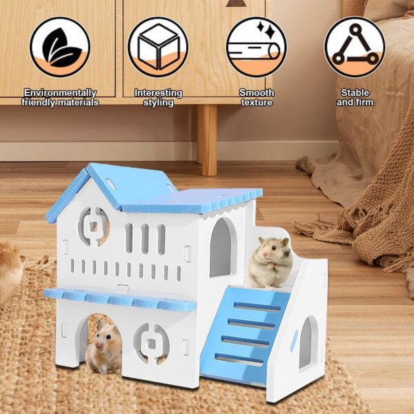 PLUSHCEWT Wooden Hamster House,Hamster Hideout Cage,Washable Hamster Hideaway for Hamster with Climbing Ladder,Small Pet House Habitats Decor for Young Guinea Pigs and Other Small Pets Blue - Image 4