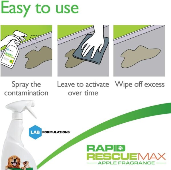 Rapid Rescue MAX Pet Stain and Odour Remover, Urine Neutraliser - Apple Fragrance | Natural Microbe Enzyme Cleaner Spray - Fast-Acting Pet Odour Eliminator for Carpets, Wood Floors, Cars, Rugs - 750ml - Image 2