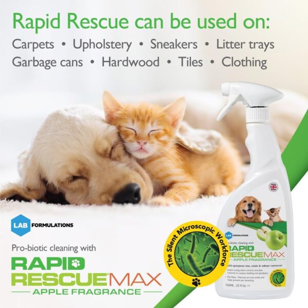 Rapid Rescue MAX Pet Stain and Odour Remover, Urine Neutraliser - Apple Fragrance | Natural Microbe Enzyme Cleaner Spray - Fast-Acting Pet Odour Eliminator for Carpets, Wood Floors, Cars, Rugs - 750ml - Image 6