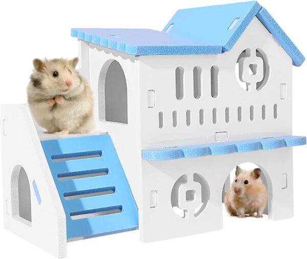 PLUSHCEWT Wooden Hamster House,Hamster Hideout Cage,Washable Hamster Hideaway for Hamster with Climbing Ladder,Small Pet House Habitats Decor for Young Guinea Pigs and Other Small Pets Blue - Image 5