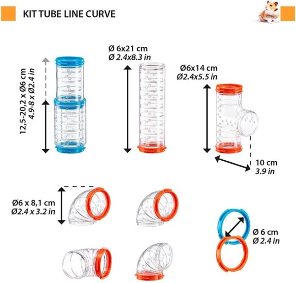 Ferplast Hamster Tube Set, Hamster Cage Accessory, Total 9 pieces, Transparent Hamster Tunnels with Ventilation Holes, Bends and Fittings Included, KIT TUBE CURVE Hamster Toys - Image 2