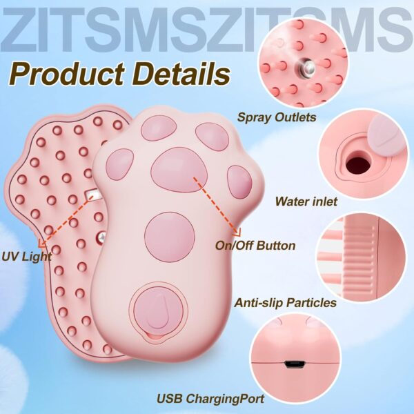 Cat Steam Brush, 4 in 1 Cat Steamy Brush Cleanser, Dog Massage Grooming Brush with Release Button, Pet Hair Cleaning Shedding Comb for Kitten by ZITSMS(Pink Paw) - Image 5