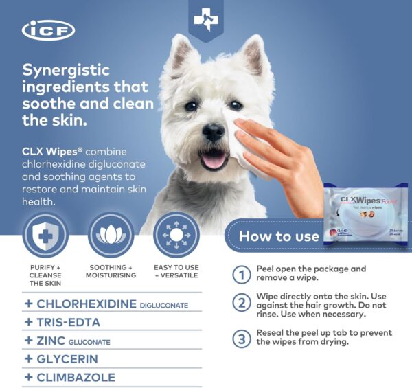 ICF CLX Pet, Puppy, Cat and Dog Wipes - Antibacterial Antiseptic and Antifungal Grooming and Cleaning Wipes for Paw Ear Tushie Face and Bums - 20 Wipes - Image 4