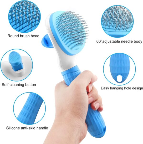 Leash Dog Brush, Self Cleaning Slicker Brush for Dogs, Cat, Pet Grooming Brush with Cleaning Button for Cats Dogs Quick Cleaning Tools Cat Dog Shedding Brush (Blue) - Image 3