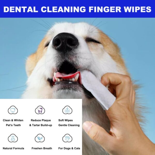 Teeth Cleaning Wipes for Dogs & Cats 2 Packs 100 Counts, Dog Toothbrush Finger Wipes Freshens Breath and Remove Plaque & Tartar Buildup, Dental and Gum Care Pet Wipes - Image 2