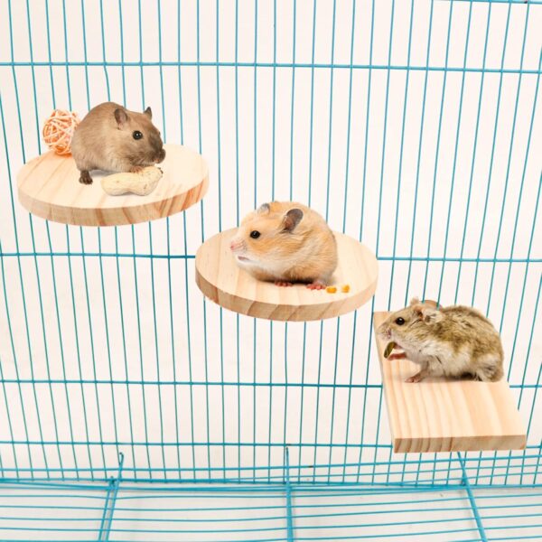 Episkey 4 Pcs Hamster Wooden Platform Set, L-Shaped Large Platform with Holes Natural Wood Parrot Round Standing Board Gerbil Chinchilla Pedal Small Animal Activity Playground Bird Cage Accessories - Image 7