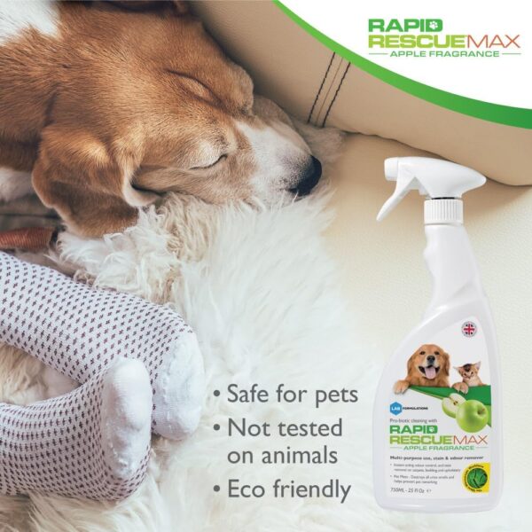 Rapid Rescue MAX Pet Stain and Odour Remover, Urine Neutraliser - Apple Fragrance | Natural Microbe Enzyme Cleaner Spray - Fast-Acting Pet Odour Eliminator for Carpets, Wood Floors, Cars, Rugs - 750ml - Image 4