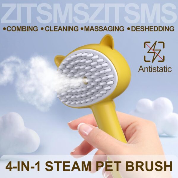 Cat Steam Brush for Shedding, 4 in 1 Cat Steamy Brush Cleanser with Handle, Rubber Pet Misting Brush with Release Button, Pet Hair Cleaning Shedding Comb for Kitten Small Animals by ZITSMS(Yellow) - Image 4