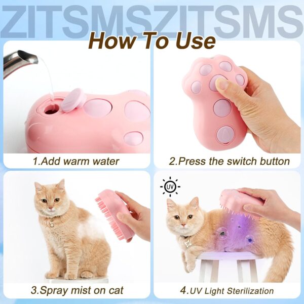Cat Steam Brush, 4 in 1 Cat Steamy Brush Cleanser, Dog Massage Grooming Brush with Release Button, Pet Hair Cleaning Shedding Comb for Kitten by ZITSMS(Pink Paw) - Image 6