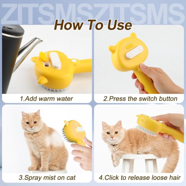 Cat Steam Brush for Shedding, 4 in 1 Cat Steamy Brush Cleanser with Handle, Rubber Pet Misting Brush with Release Button, Pet Hair Cleaning Shedding Comb for Kitten Small Animals by ZITSMS(Yellow) - Image 6