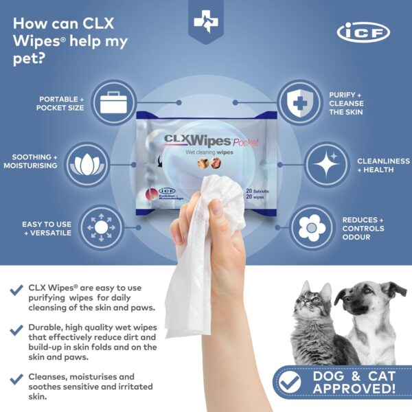 ICF CLX Pet, Puppy, Cat and Dog Wipes - Antibacterial Antiseptic and Antifungal Grooming and Cleaning Wipes for Paw Ear Tushie Face and Bums - 20 Wipes - Image 2