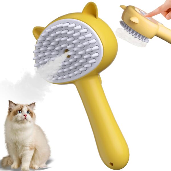 Cat Steam Brush for Shedding, 4 in 1 Cat Steamy Brush Cleanser with Handle, Rubber Pet Misting Brush with Release Button, Pet Hair Cleaning Shedding Comb for Kitten Small Animals by ZITSMS(Yellow)