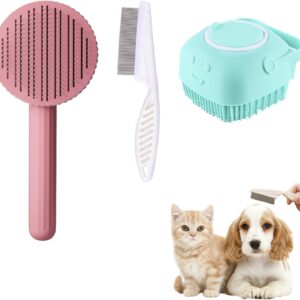 DALAETUS 3 Pcs Cat Brush Dog Brush, Self-cleaning Grooming Brush with Cleaning Button, Slicker Grooming Comb for Cat, Dog, Pet, Short and Long Haired Cat Shedding Tool(Pink)