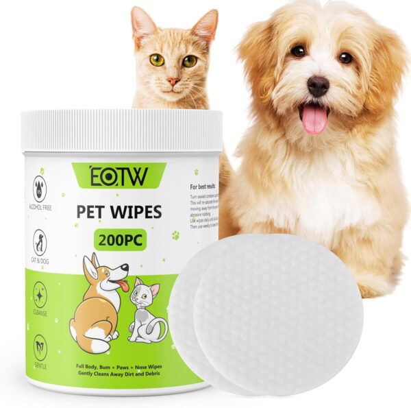 EOTW 200 Dog Wipes, Pet Wipes for Dogs Cats Puppies All Purpose Cleaning Face, Ears, Body, Eye Area, Bum & Paws, Alcohol Free Thick Plant Based Grooming Wipes