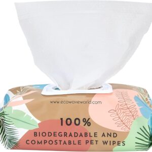 Eco Wave Pet Wipes, 100% Biodegradable and Compostable Dog and Cat Cleansing Wipes with Aloe Vera, 100 Fragrance Free Eco-Friendly Pet Safe Wipes, Quickly Remove Dirt, Mess and Odours (20 x 20cm)