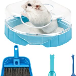 Episkey Hamster Sand Bathroom Set, Gerbil Sand Bath Syrian Hamster Toilet Small Animal Bathtub with Sand Shovel and Mini Broom Set for Gerbil Dwarf Hamster and Small Rodent (Blue)