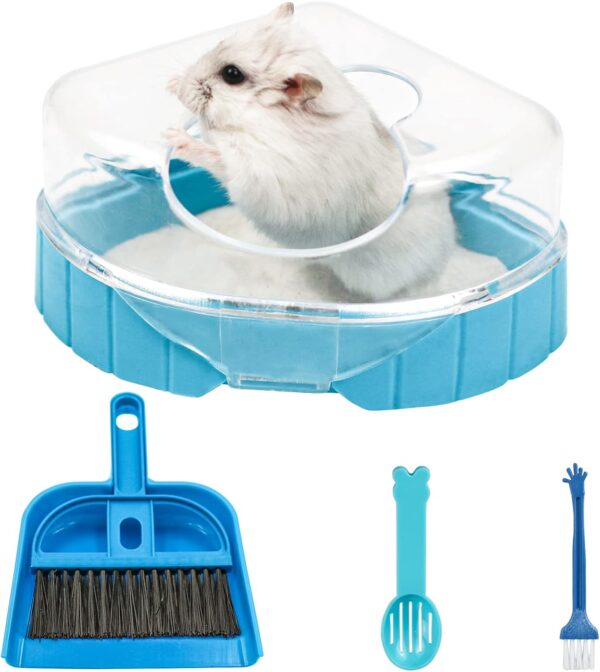 Episkey Hamster Sand Bathroom Set, Gerbil Sand Bath Syrian Hamster Toilet Small Animal Bathtub with Sand Shovel and Mini Broom Set for Gerbil Dwarf Hamster and Small Rodent (Blue)