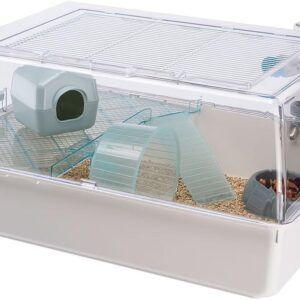 Ferplast MINI DUNA HAMSTER Compact Hamster Cage - Ventilated Multi-Level Habitat with Interactive Transparent Top - Exercise Wheel & Accessories - Easy Clean, 55x39x27 cm - White