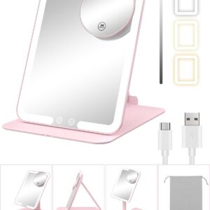 Gospire Rechargeable Travel Makeup Mirror with Lights and Magnification 10X, Foldable Stand & Angle Sensor Light, 3 Light Colors & Stepless Dimming, Lighted Mirror LED Vanity Mirror