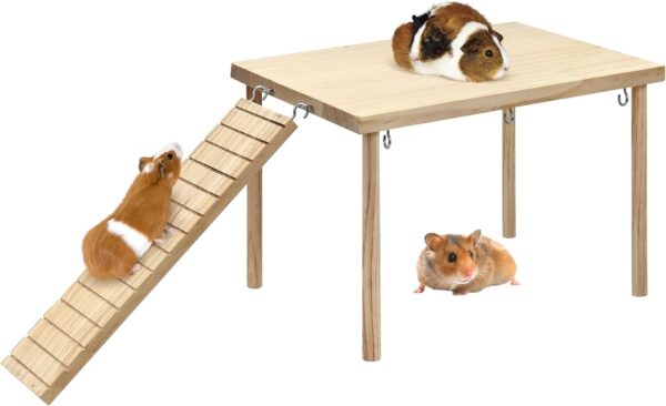 Guinea Pig Hideout, Natural Wooden Living Shelter with Stairs, Durable Guinea Pig Bed, Guinea Pigs Platform for Small Guinea Pig Chinchilla Hamster Ferrets Hiding Sleeping＆Small Animal