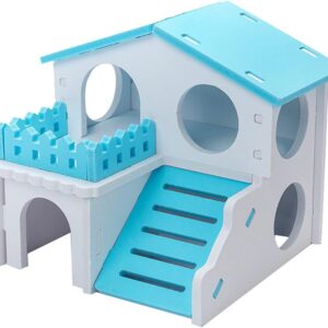 Hamster Wooden House 2-Story Villa Small Pets Climbing Toy for Dwarf Hamster Cage Accessories Blue/Pink hamster houses and hideouts small for syrian hamster dwarf hamsters