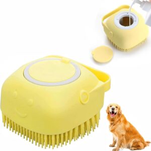 KISUOMAOYI Dog Bath Brush, Puppy Pet Massage Bath Brush, Shampoo Bubble Brush Silicone Dog Shampoo Brush with Loop Handle, Dispenser Grooming Shower Brush for Short Long-Haired Dogs and Cats (Yellow)