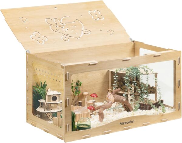 MEWOOFUN Wooden Hamster Cage Large for Syrians Hamster, Dwarf Hamster, Guinea Pig and Chinchilla - 100x50x50cm Hamster Cages Transparent Small Animals Cage (No Front Door)