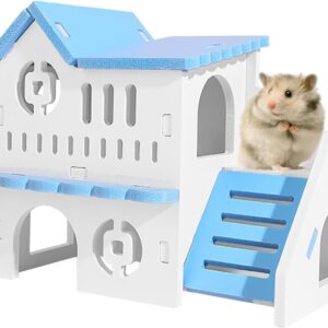 PLUSHCEWT Wooden Hamster House,Hamster Hideout Cage,Washable Hamster Hideaway for Hamster with Climbing Ladder,Small Pet House Habitats Decor for Young Guinea Pigs and Other Small Pets Blue