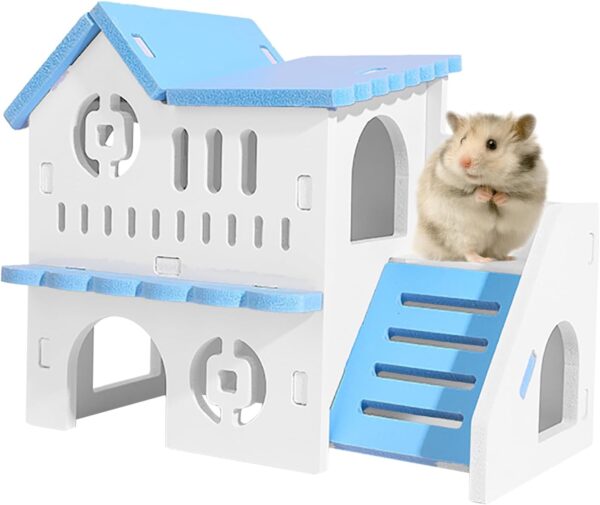 PLUSHCEWT Wooden Hamster House,Hamster Hideout Cage,Washable Hamster Hideaway for Hamster with Climbing Ladder,Small Pet House Habitats Decor for Young Guinea Pigs and Other Small Pets Blue