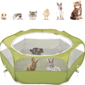 Pawaboo Small Animals Playpen, Waterproof Small Pet Cage Tent with Zippered Cover, Portable Outdoor Yard Fence with 3 Metal Rod for Kitten/Puppy/Guinea Pig/Rabbits/Hamster/Chinchillas, Green