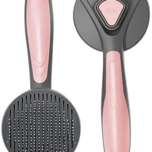 Pet Grooming Brush, Cat and Dog Slicker Comb Brush with Cleaning Button, Self Cleaning Tool, Massages Pets While Gently Removing Tangled Long and Short Hair, Gets Rid of Dirt and Undercoat (Pink)