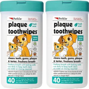 Petkin Plaque Toothwipes Fresh Mint 2 Packs of 40 Wipes - Cleans Teeth, Gums, Plaque & Tartar, freshens Breath. Tooth Wipe for cat or Dog.