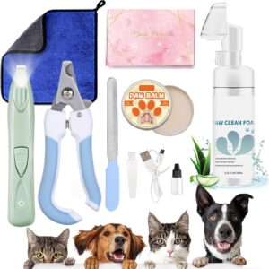 Qiveaory Dog Paw Cleaner Pet Paw Cleaning Kit with 150ml/5.12fl.oz Waterless Foaming Microfiber Towel Feet Balm Cordless Electric Paw Trimmer with LED Light Dog Cat Nail Clippers&Safety Stop