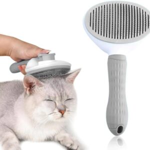 Self-Cleaning Slicker Brush for Dogs and Cats - Grooming Comb with Smooth Handle and Cleaning Button - Pet Grooming Tool for Shedding, Massage, and Detangling (Grey)