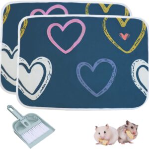 TUAKIMCE 2 Pack Guinea Pig Cage Liners, Heart Hamster Guinea Pig Bed Bedding, Waterproof Washable Reusable Pee Pads for Small Animal Guinea Pigs, Hamsters, Rabbits, with Cleaning Tool