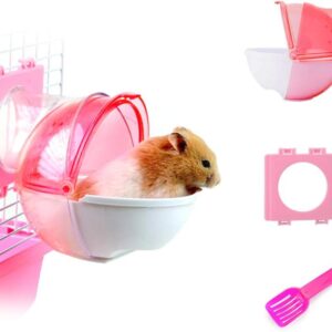 WishLotus Hamster Sand Bathroom, 3Pcs Detachable Plastic Hamster Sand Bath Container Small Pet Bathtub Extermal Toilet with Shovel and Cage Accessory for Hamster Guinea Pig Gerbil (Pink)