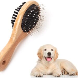 Wooden Dog Brush Double Sided Pet Hair Grooming Brush Dog Pin Brush and Bristle Soft Brush, Dogs Comb and Brush Grooming Tools for Cleaning for Dogs & Cats with Long or Short Hair - M（Black)