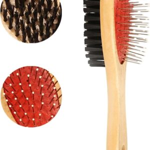 Wooden Dog Grooming Brush Double Sided Pet Hair Grooming Brush and Bristle Soft Brush, Dogs Comb and Brush for Cleaning, Grooming Tools for Long and Short-haired Dogs or Cats