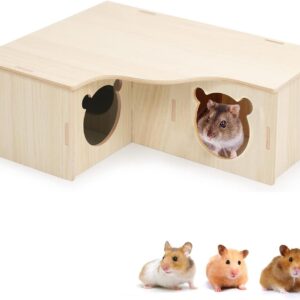 Wooden Hamster House, Corner House Hamster Hideout Cage Guinea Pig House Hamster Accessories Decor for Syrian Hamsters Dwarf Hamster Gerbil Degus Rat