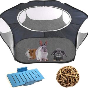 Yoicn Lth Small Animal Playpen Waterproof Rabbits Cage Tent Portable Outdoor Exercise Yard Fence Top Cover Anti Escape with Seesaw grass ball for Puppy Kitten Hamster Chinchillas Guinea Pig 3 PCS