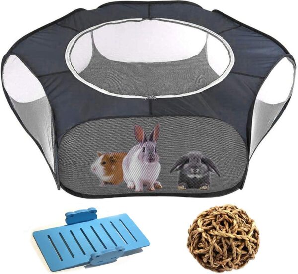 Yoicn Lth Small Animal Playpen Waterproof Rabbits Cage Tent Portable Outdoor Exercise Yard Fence Top Cover Anti Escape with Seesaw grass ball for Puppy Kitten Hamster Chinchillas Guinea Pig 3 PCS