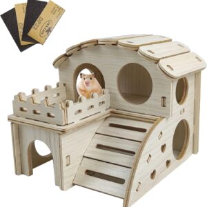 Zzcy Wooden Hamster House, Dwarf Hamster Accessories House, Hamster Multi-Chamber House Toy, Rodent House, 2 Levels Hamster Cage Hiding Place for Gerbils, Degus, Spikes(18 x 16 x 16 cm)