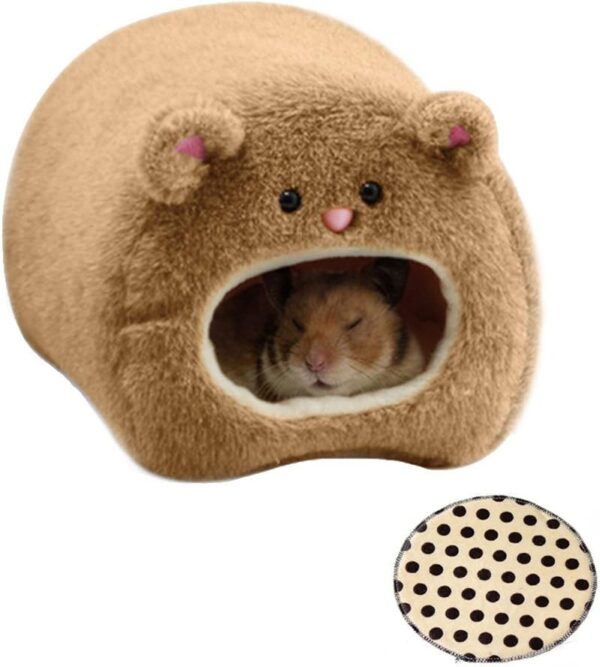emours Rats Hamster Winter Warm Fleece Hanging Cage Hammock House Cute Bear Desige with Bed Mat, for Small Furry Animals (brown)