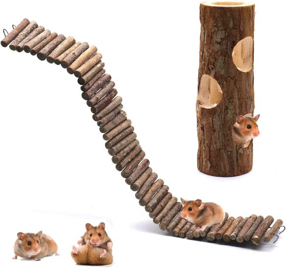 huahuo Hamster Suspension Bridge Toy Wooden Hamster Tunnel Tube Natural Bendable Living Ladder for Hamsters Climb Exercise Chew