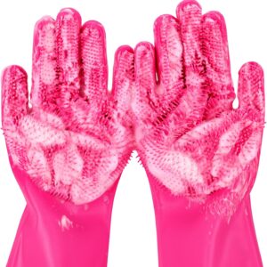 pecute Cleaning Gloves Kitchen Gloves, Heat Resistant Pet Grooming Gloves Pet Gloves with High-Density Teeth, Silicone Bathing and Massaging Gloves for Dogs and Cats, Pink